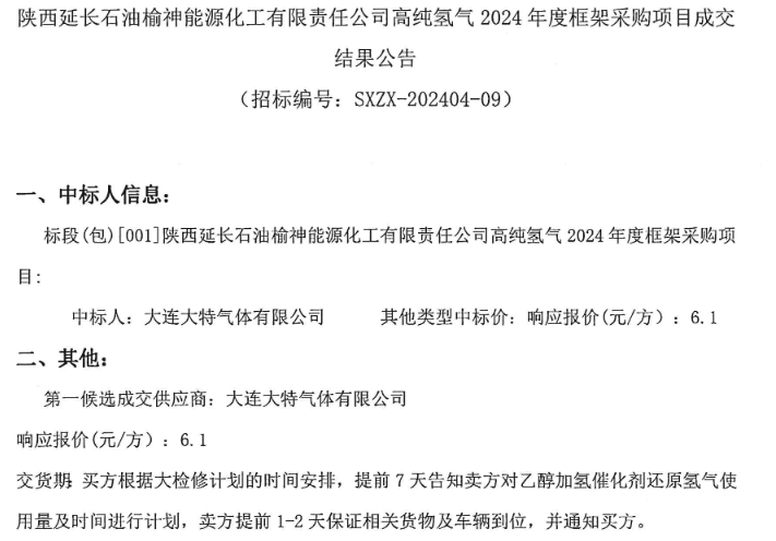 ​中标 | 陕西延长石油榆神能源化工有限责任公司高纯氢气采购