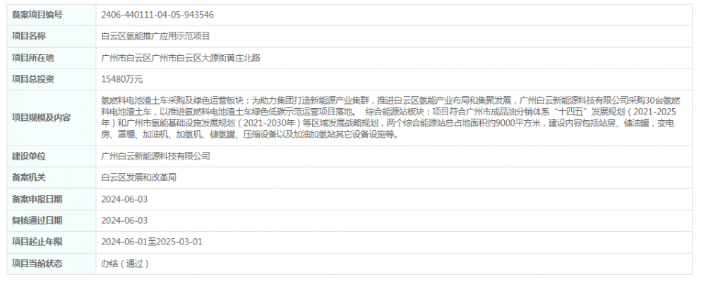广东省广州市白云区氢能推广应用示范项目获备案