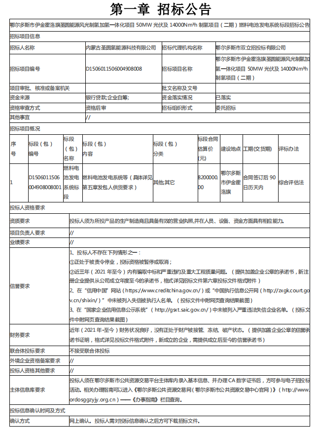 招标 | 内蒙古鄂尔多斯​​14000Nm³／h制氢项目燃料