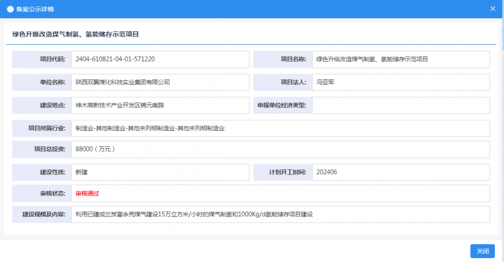 陕西双翼煤化科技实业集团有限公司绿色升级改造煤气制氢、氢能储