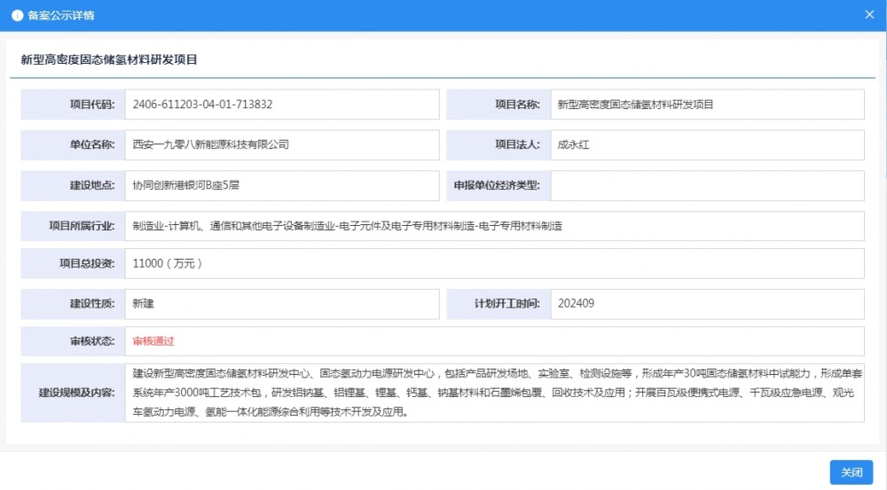 西安一九零八新能源科技有限公司新型高密度固态储氢材料研发项目