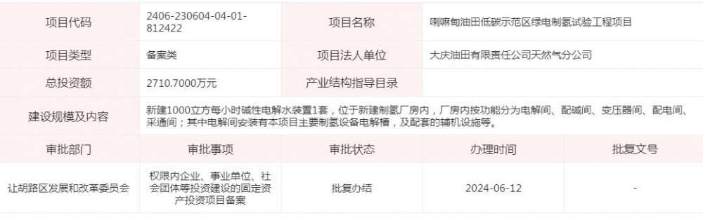 黑龙江喇嘛甸油田低碳示范区绿电制氢试验工程项目获备案