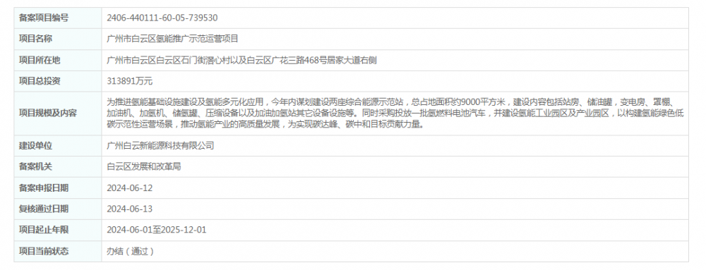 广东省广州市白云区氢能推广示范运营项目获备案