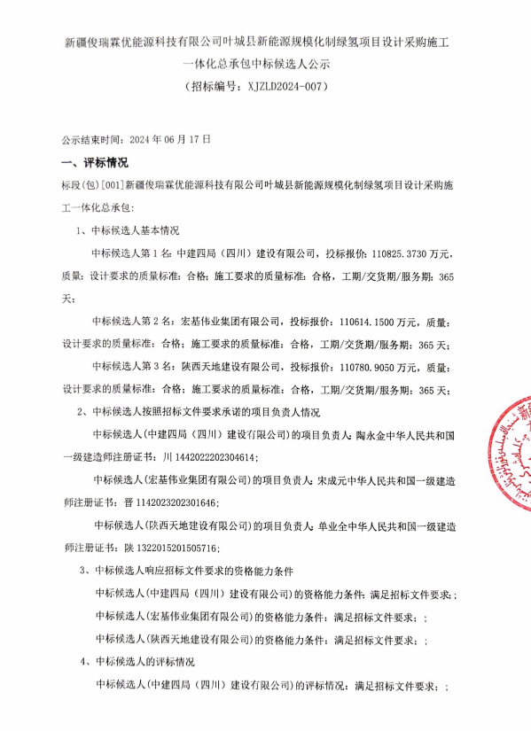 中标 | 中建四局、宏基伟业等拟中标新疆制绿氢EPC招标项目