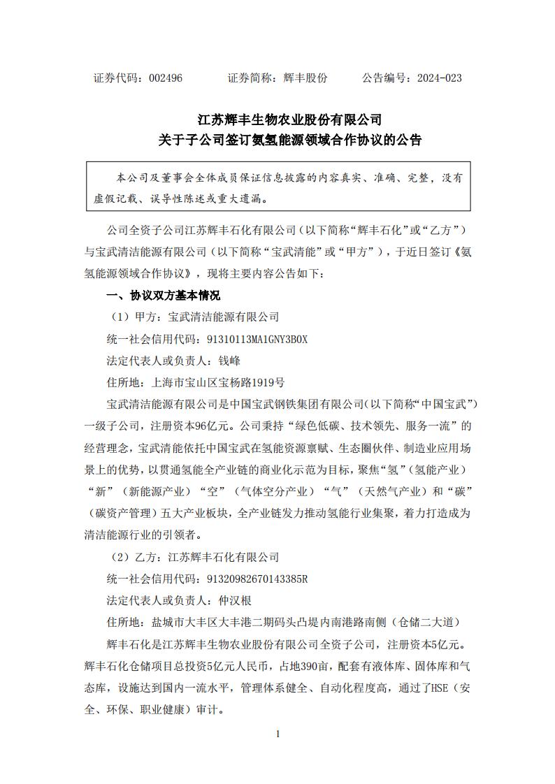 辉丰股份发布关于子公司签订氨氢能源领域合作协议的公告