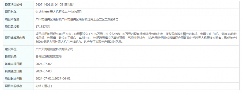 总投资17155万元！广州天海翔航空科技有限公司氢动力特种无