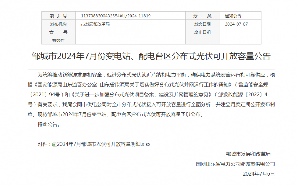 23地暂停介入！山东邹城市发布2024年7月份变电站、配电台