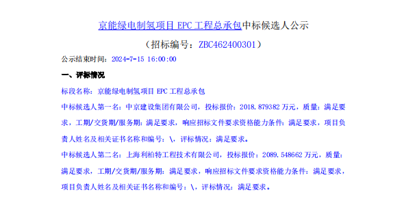 中标 | 京能绿电制氢项目公示EPC中标候选人
