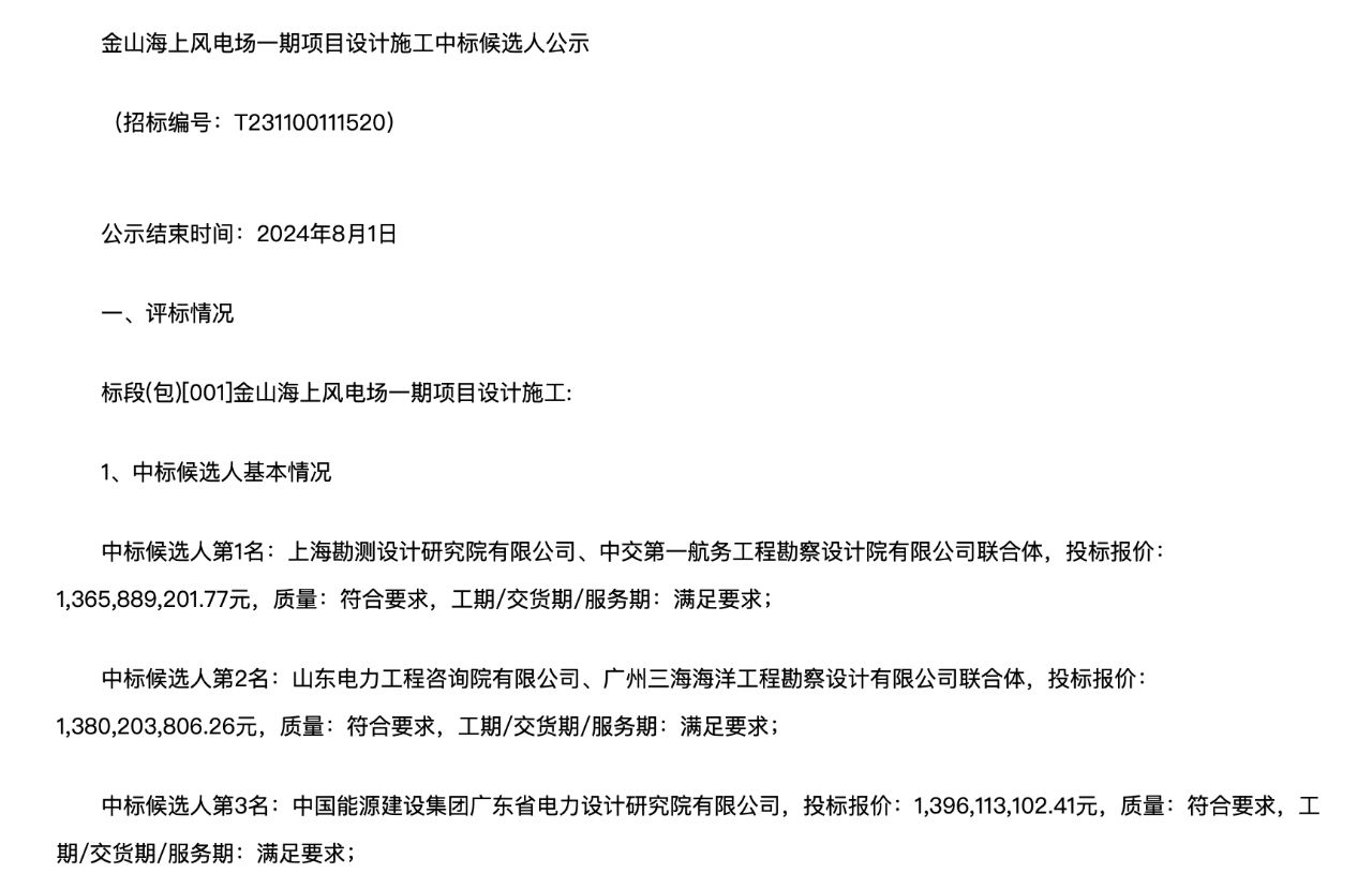 三峡金山海上风电场一期项目设计施工中标候选人公示