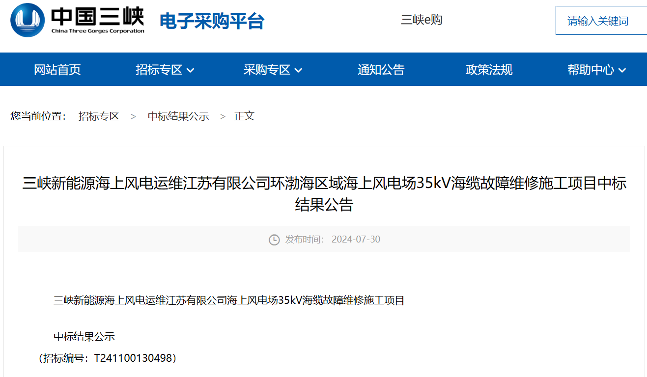 三峡能源海上风电场海缆故障维修施工项目中标公示