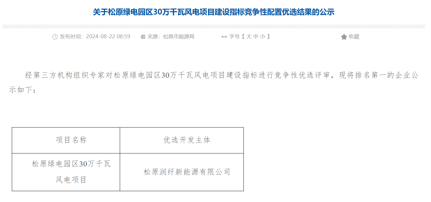 吉林省松原市30万千瓦风电项目竞配结果公示