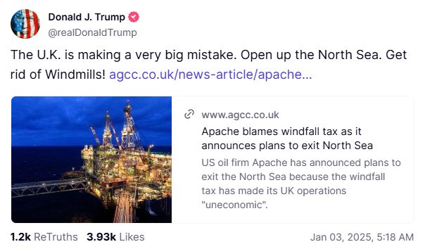 特朗普敦促英国放弃海上风电