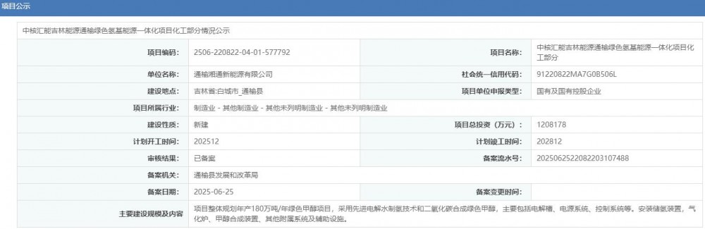 中核180万吨/年绿色甲醇项目获批！