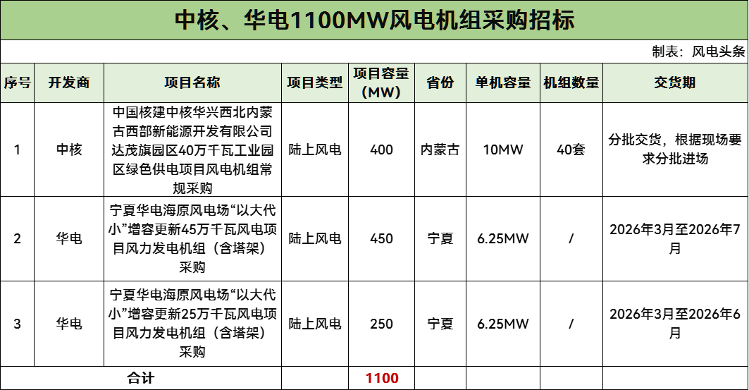 招标 | 单机容量6.25/10MW！华电、中核1.1GW风