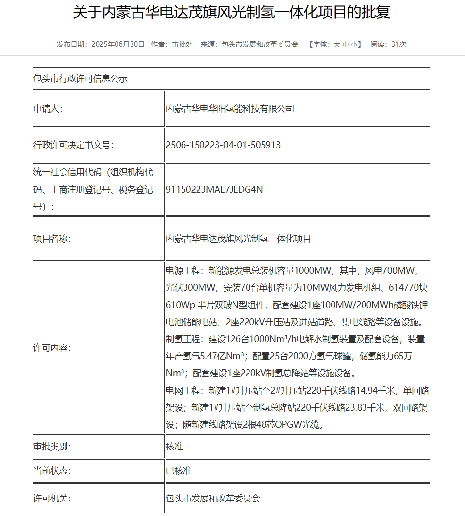 70台10MW！华电风光制氢一体化项目获批复
