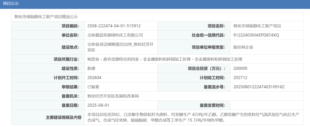 总投资20亿！吉林15万吨绿色甲醇项目获备案