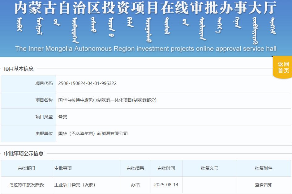总投资131.8亿元！国华乌拉特中旗风电制氢氨一体化项目(制