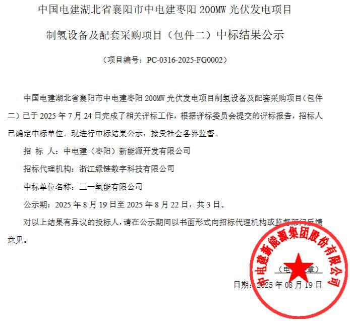 中标 | 三一氢能中标中电建枣阳200MW光伏制氢设备包件二