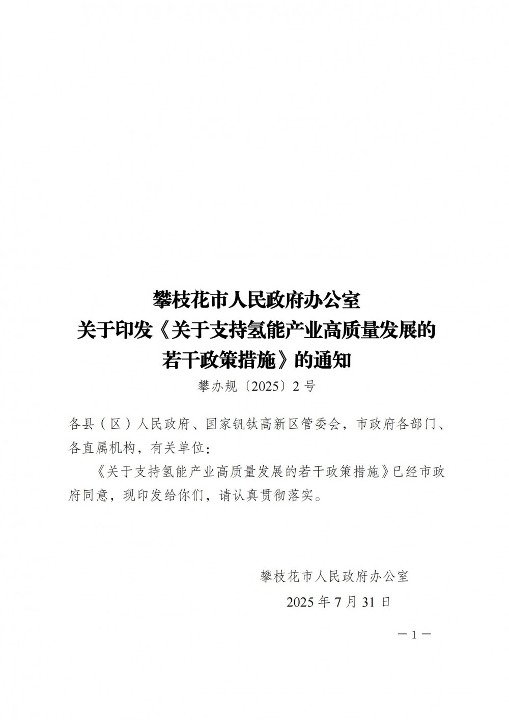 攀枝花市人民政府办公室关于印发《关于支持氢能产业高质量发展的