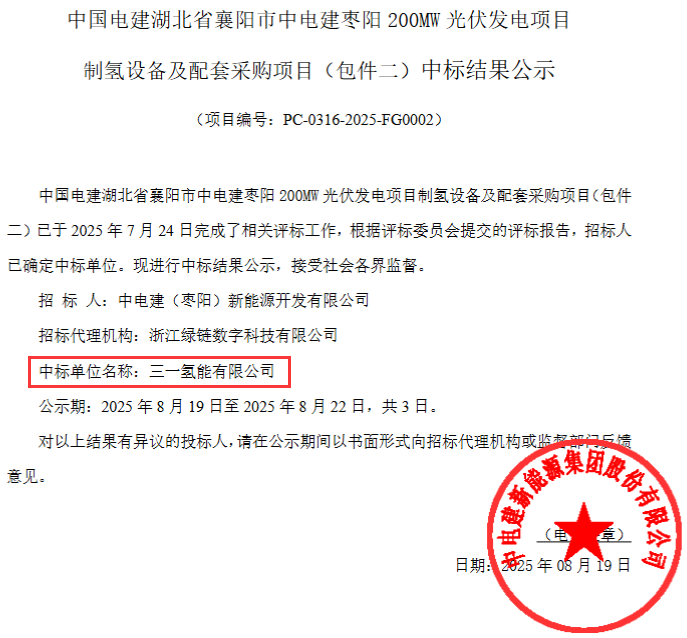 三一氢能中标包件二！中电建碱性+PEM包件一重启招标