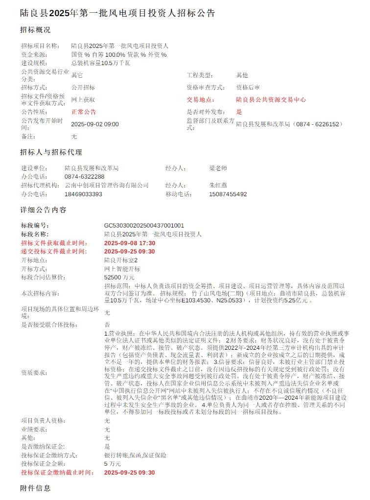 招标 | 云南陆良县105MW风电项目启动投资人招标