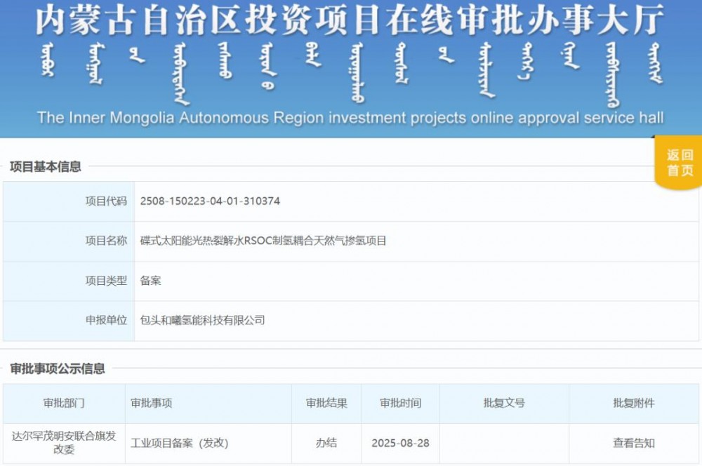 即将开工！内蒙古年产15000公斤绿氢项目获批