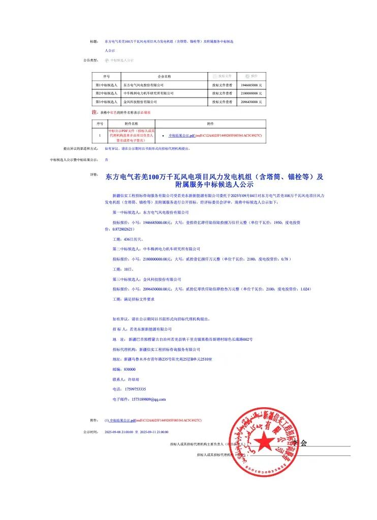 中标 | 规模1GW！东方风电预中标！东方电气若羌风电项目中