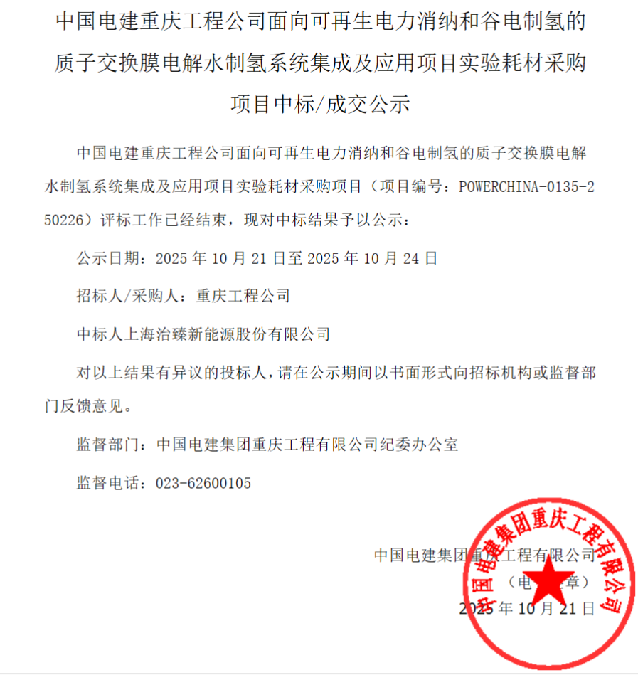 中标 | 治臻股份中标！中国电建质子交换膜电解水制氢系统项目
