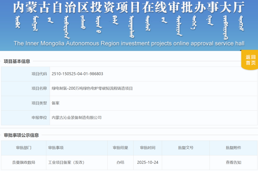 总投资50亿元！内蒙古72000Nm³/h绿电制氢项目获批