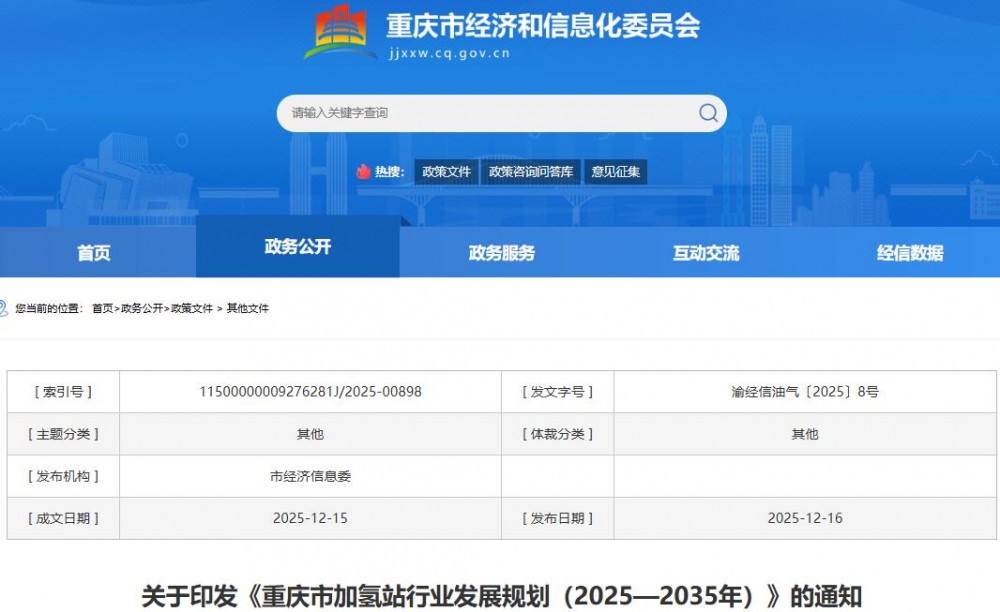 关于印发《重庆市加氢站行业发展规划（2025—2035年）》